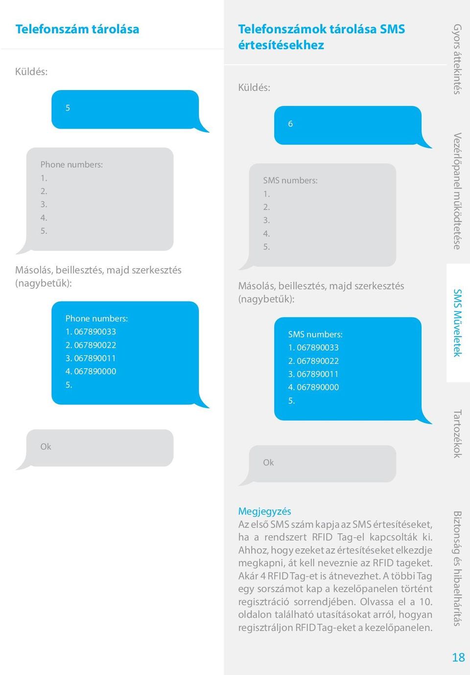067890000 5. Megjegyzés Az első SMS szám kapja az SMS értesítéseket, ha a rendszert RFID Tag-el kapcsolták ki. Ahhoz, hogy ezeket az értesítéseket elkezdje megkapni, át kell neveznie az RFID tageket.