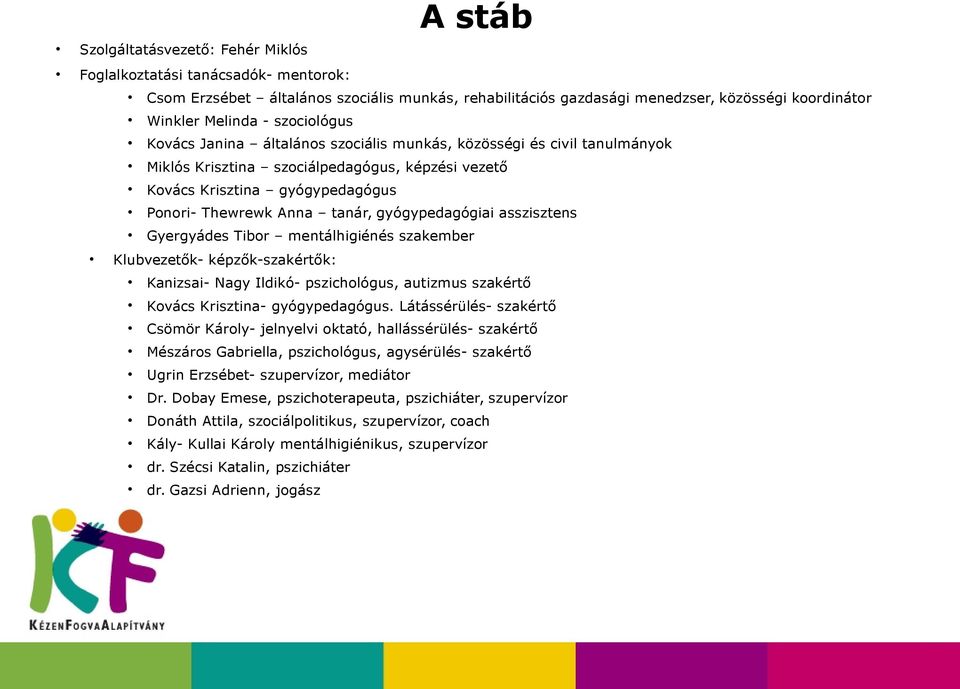 gyógypedagógiai asszisztens Gyergyádes Tibor mentálhigiénés szakember Klubvezetők- képzők-szakértők: Kanizsai- Nagy Ildikó- pszichológus, autizmus szakértő Kovács Krisztina- gyógypedagógus.