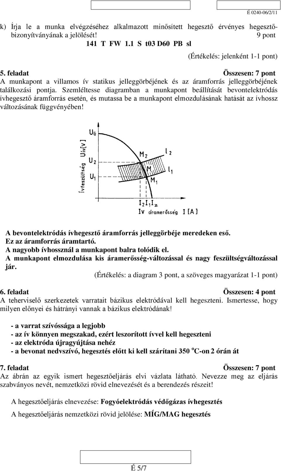 Szemléltesse diagramban a munkapont beállítását bevontelektródás ívhegesztő áramforrás esetén, és mutassa be a munkapont elmozdulásának hatását az ívhossz változásának függvényében!