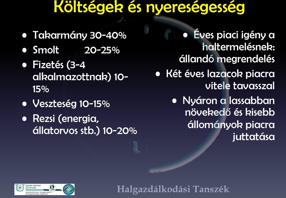 ) 10-20% Éves piaci igény a haltermelésnek: állandó megrendelés Két éves