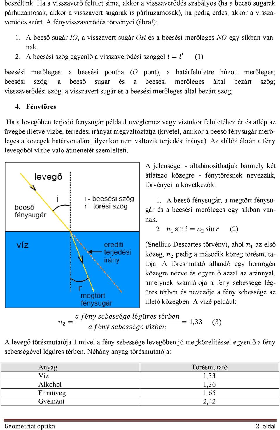 A beesési szög egyenlő a visszaverődési szöggel (1) beesési merőleges: a beesési pontba (O pont), a határfelületre húzott merőleges; beesési szög: a beeső sugár és a beesési merőleges által bezárt