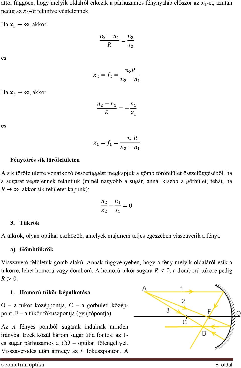 nagyobb a sugár, annál kisebb a görbület; tehát, ha, akkor sík felületet kapunk): 3. Tükrök A tükrök, olyan optikai eszközök, amelyek majdnem teljes egészében visszaverik a fényt.