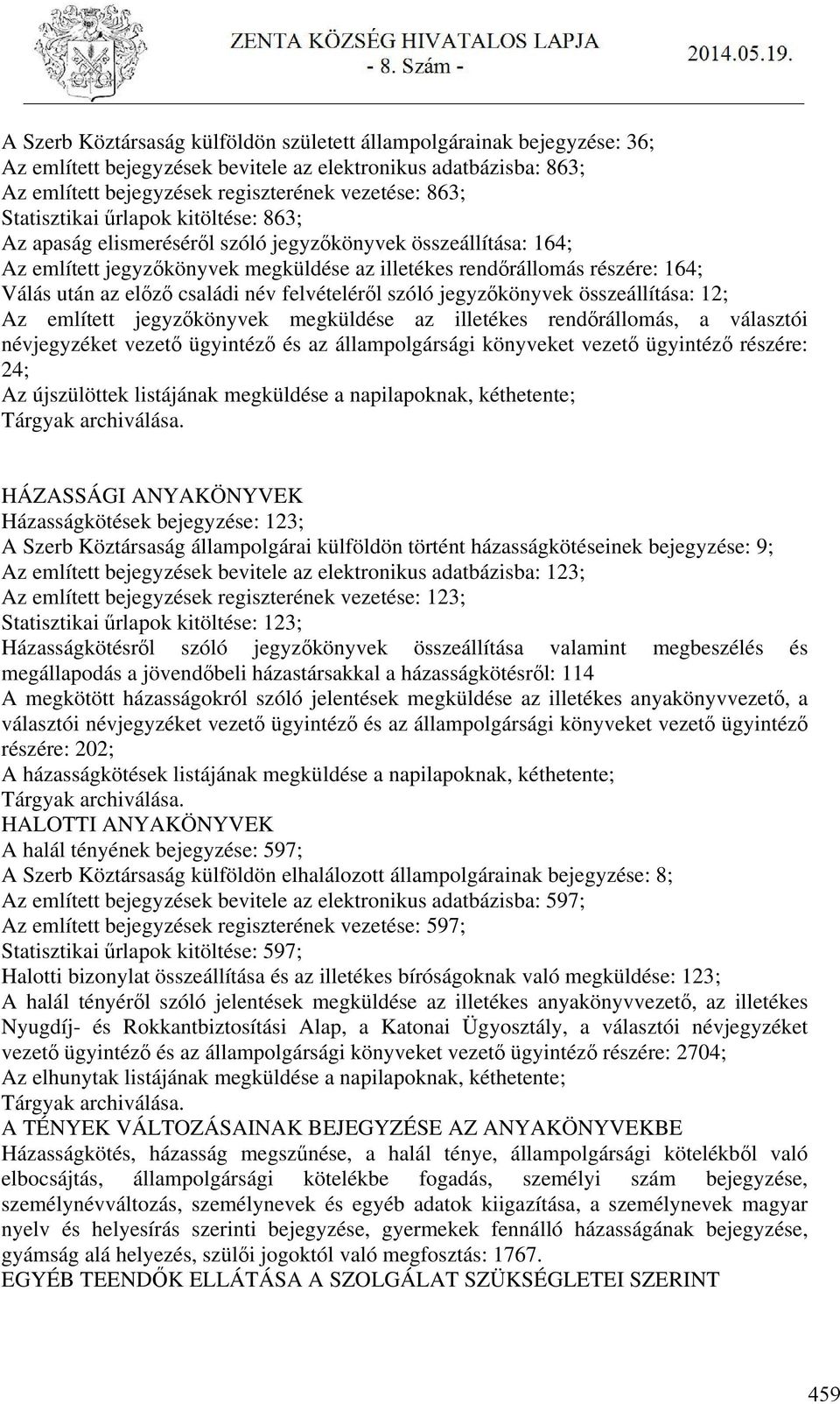 családi név felvételéről szóló jegyzőkönyvek összeállítása: 12; Az említett jegyzőkönyvek megküldése az illetékes rendőrállomás, a választói névjegyzéket vezető ügyintéző és az állampolgársági