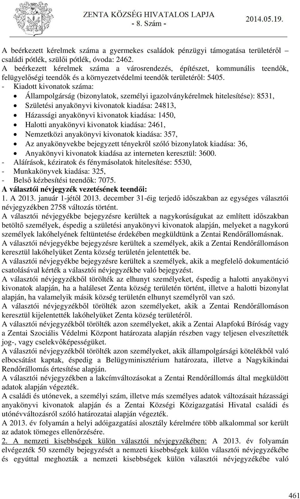 - Kiadott kivonatok száma: Állampolgárság (bizonylatok, személyi igazolványkérelmek hitelesítése): 8531, Születési anyakönyvi kivonatok kiadása: 24813, Házassági anyakönyvi kivonatok kiadása: 1450,