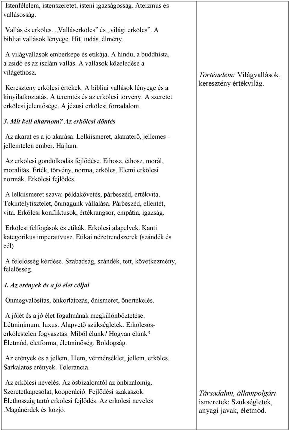 A bibliai vallások lényege és a kinyilatkoztatás. A teremtés és az erkölcsi törvény. A szeretet erkölcsi jelentősége. A jézusi erkölcsi forradalom. Történelem: Világvallások, keresztény értékvilág. 3.
