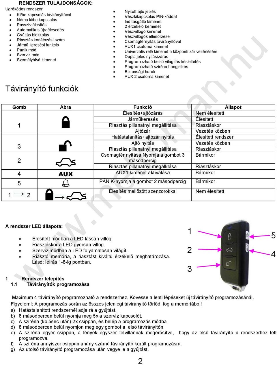 ellenőrzése Csomagtérnyitás távirányítóval AUX1 csatorna kimenet Univerzális relé kimenet a központi zár vezérlésére Dupla jeles nyitás/zárás Programozható belső világítás késleltetés Programozható