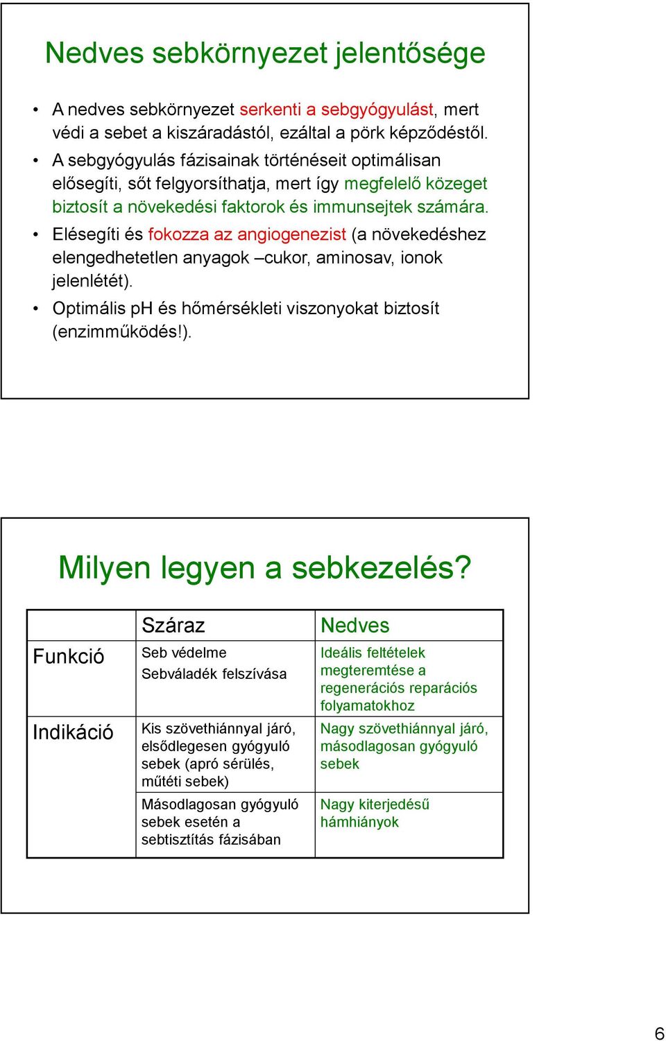 Elésegíti és fokozza az angiogenezist(a növekedéshez elengedhetetlen anyagok cukor, aminosav, ionok jelenlétét). Optimális ph és hőmérsékleti viszonyokat biztosít (enzimműködés!). Milyen legyen a sebkezelés?