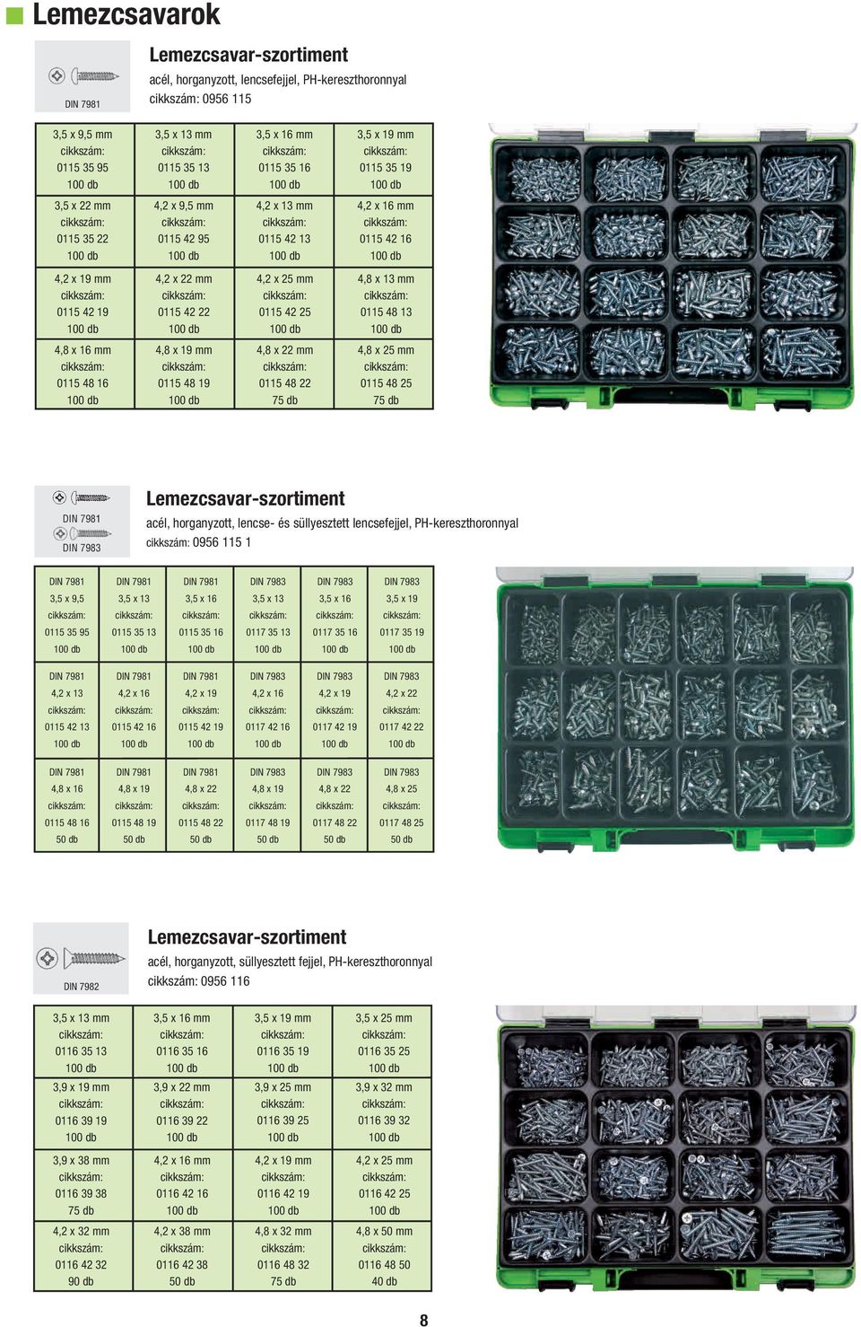 0115 48 16 4,8 x 19 mm 0115 48 19 4,8 x 22 mm 0115 48 22 4,8 x 25 mm 0115 48 25 DIN 7981 DIN 7983 Lemezcsavar-szortiment acél, horganyzott, lencse- és süllyesztett lencsefejjel, PH-kereszthoronnyal