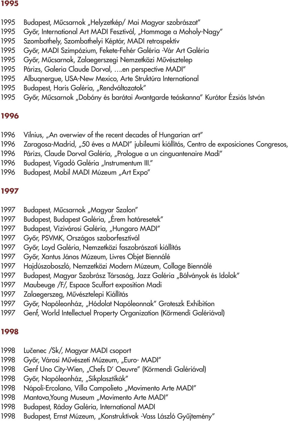 en perspective MADI 1995 Albuqnergue, USA-New Mexico, Arte Struktúra International 1995 Budapest, Haris Galéria, Rendváltozatok 1995 Gyôr, Mûcsarnok Dobány és barátai Avantgarde teáskanna Kurátor