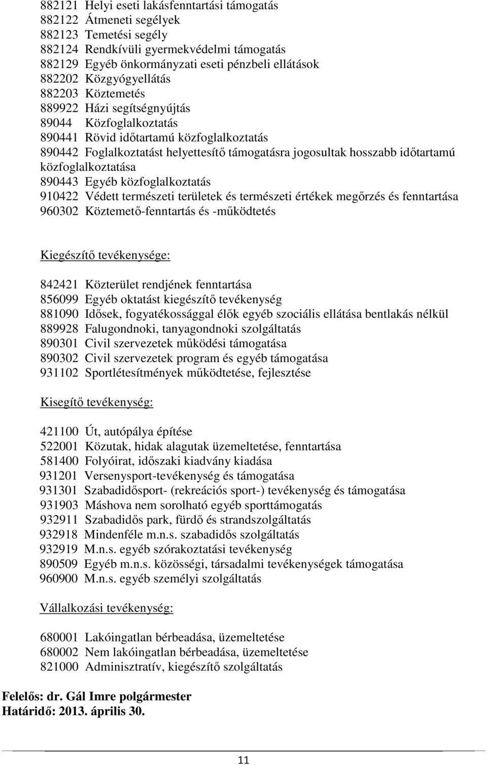 időtartamú közfoglalkoztatása 890443 Egyéb közfoglalkoztatás 910422 Védett természeti területek és természeti értékek megőrzés és fenntartása 960302 Köztemető-fenntartás és -működtetés Kiegészítő