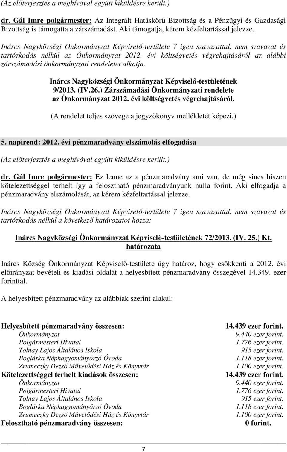 évi költségvetés végrehajtásáról az alábbi zárszámadási önkormányzati rendeletet alkotja. Inárcs Nagyközségi Önkormányzat Képviselő-testületének 9/2013. (IV.26.