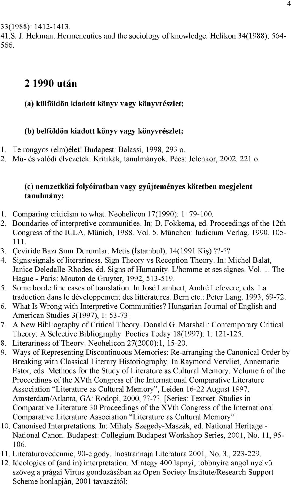 Kritikák, tanulmányok. Pécs: Jelenkor, 2002. 221 o. (c) nemzetközi folyóiratban vagy gyűjteményes kötetben megjelent tanulmány; 1. Comparing criticism to what. Neohelicon 17(1990): 1: 79-100. 2. Boundaries of interpretive communities.