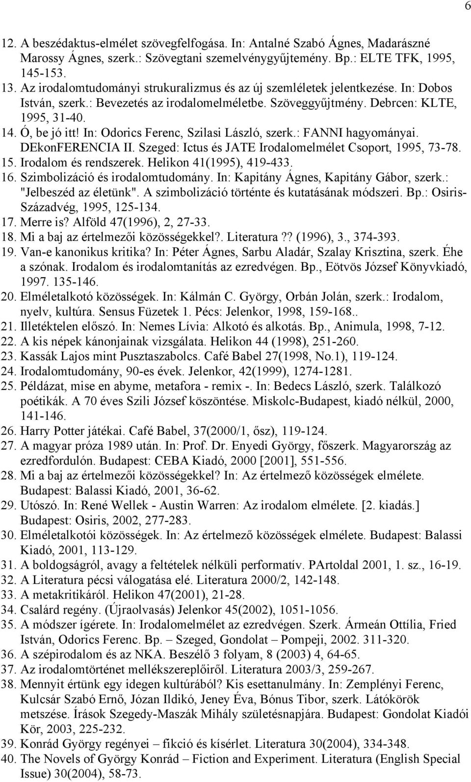 In: Odorics Ferenc, Szilasi László, szerk.: FANNI hagyományai. DEkonFERENCIA II. Szeged: Ictus és JATE Irodalomelmélet Csoport, 1995, 73-78. 15. Irodalom és rendszerek. Helikon 41(1995), 419-433. 16.