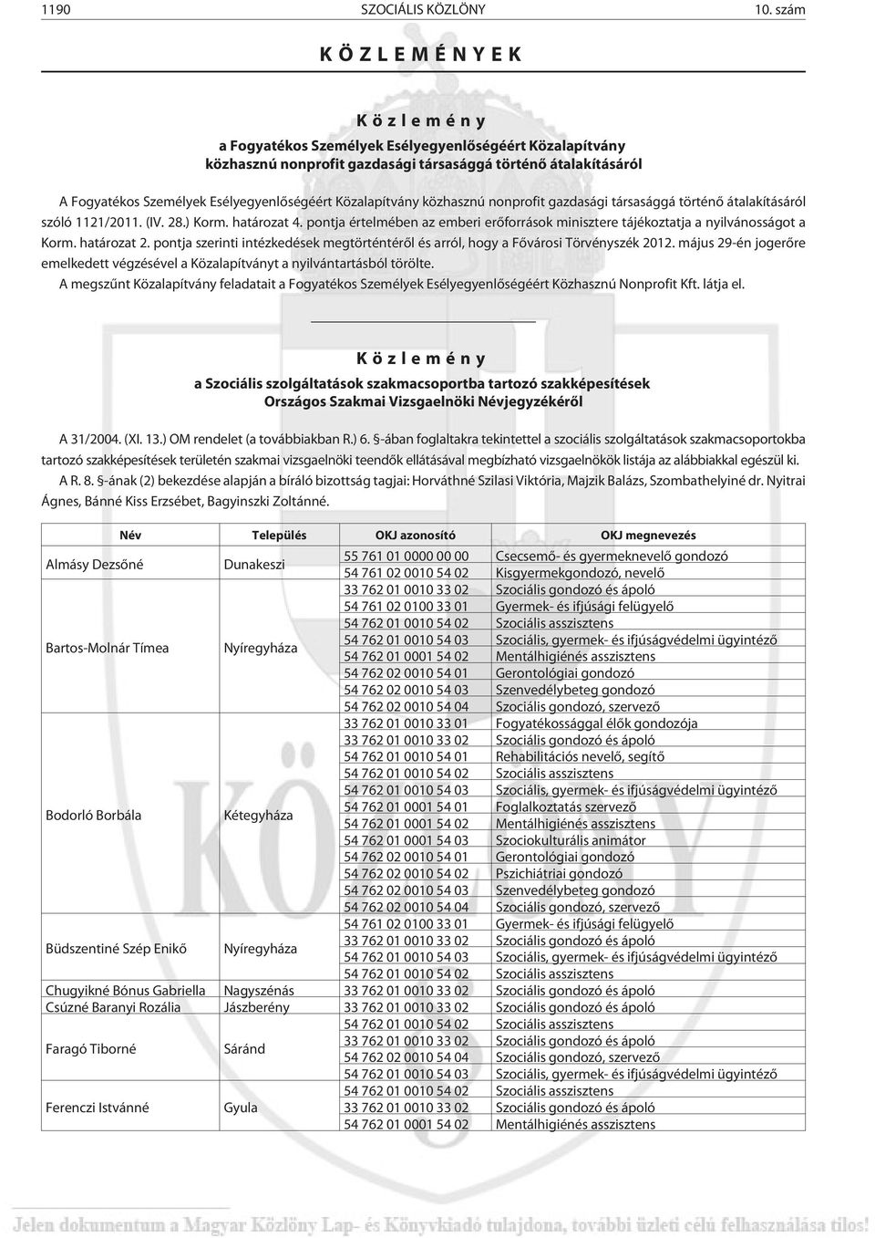 Közalapítvány közhasznú nonprofit gazdasági társasággá történõ átalakításáról szóló 1121/2011. (IV. 28.) Korm. határozat 4.