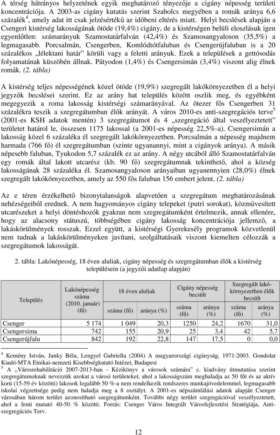 Helyi becslések alapján a Csengeri kistérség lakosságának ötöde (19,4%) cigány, de a kistérségen belüli eloszlásuk igen egyenlőtlen: rányuk Szamostatárfalván (42,4%) és Szamosangyaloson (35,5%) a