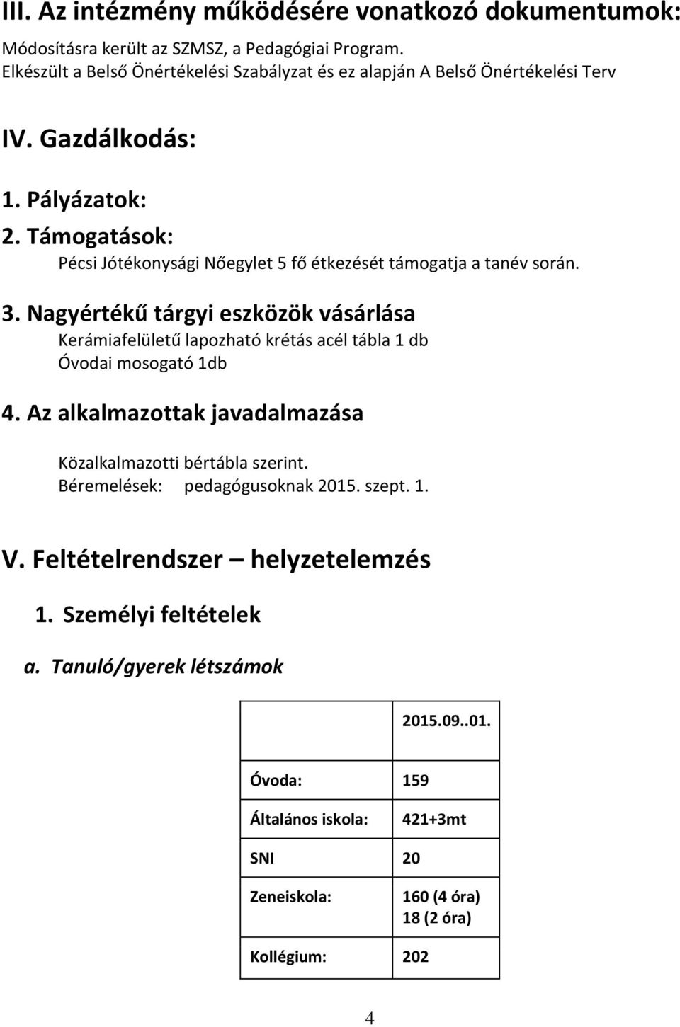 Támogatások: Pécsi Jótékonysági Nőegylet 5 fő étkezését támogatja a tanév során. 3.