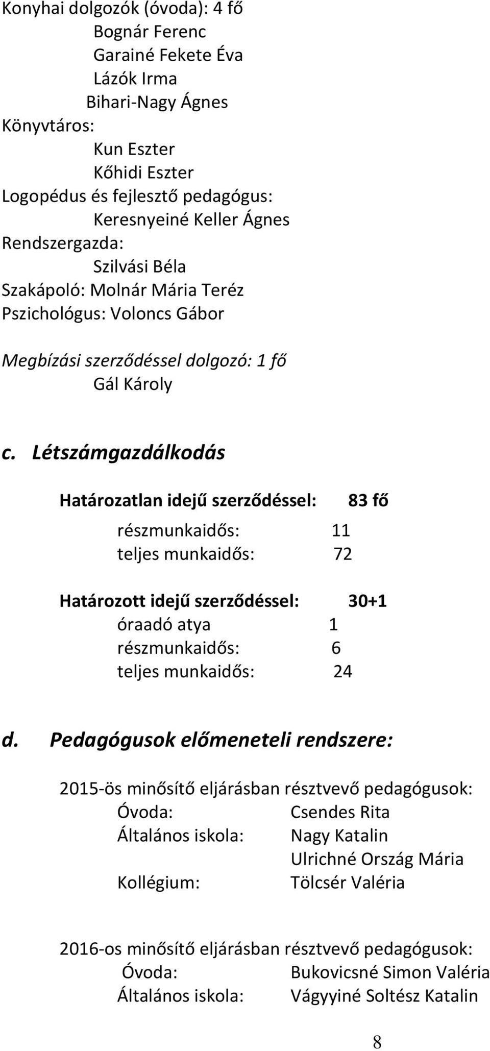 Létszámgazdálkodás Határozatlan idejű szerződéssel: részmunkaidős: 11 teljes munkaidős: 72 83 fő Határozott idejű szerződéssel: 30+1 óraadó atya 1 részmunkaidős: 6 teljes munkaidős: 24 d.