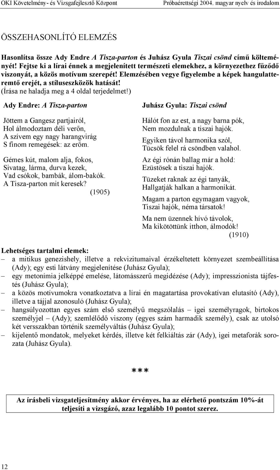 Elemzésében vegye figyelembe a képek hangulatteremtő erejét, a stíluseszközök hatását! (Írása ne haladja meg a 4 oldal terjedelmet!