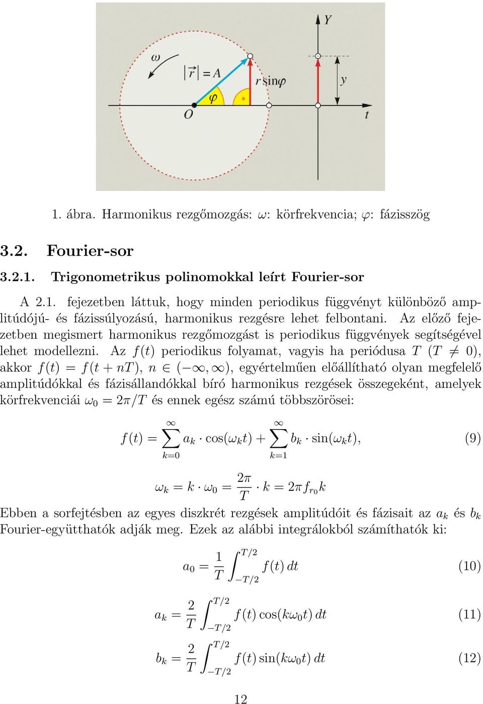 Az f(t) periodikus folyamat, vagyis ha periódusa T (T 0), akkor f(t) = f(t + nt ), n (, ), egyértelműen előállítható olyan megfelelő amplitúdókkal és fázisállandókkal bíró harmonikus rezgések