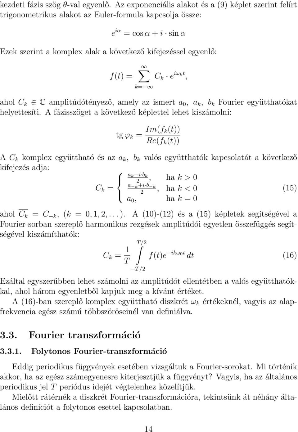 f(t) = k= C k e iω kt, ahol C k C amplitúdótényező, amely az ismert a 0, a k, b k Fourier együtthatókat helyettesíti.