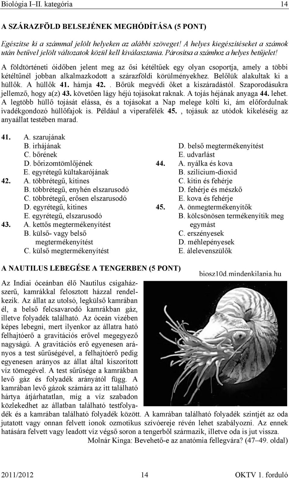 Belőlük alakultak ki a hüllők. A hüllők 41. hámja 42.. Bőrük megvédi őket a kiszáradástól. Szaporodásukra jellemző, hogy a(z) 43. követően lágy héjú tojásokat raknak. A tojás héjának anyaga 44. lehet.