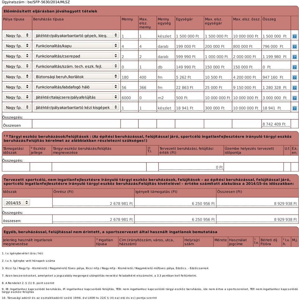 /korlátok Funkcionalitás/labdafogó háló Játéktér/talajcsere/pályafelújítás Játéktér/pályakarbantartó kézi kisgépek 1 1 készlet 1 500 000 Ft 1 500 000 Ft 10 000 000 Ft 1 500 000 Ft 4 4 darab 199 000
