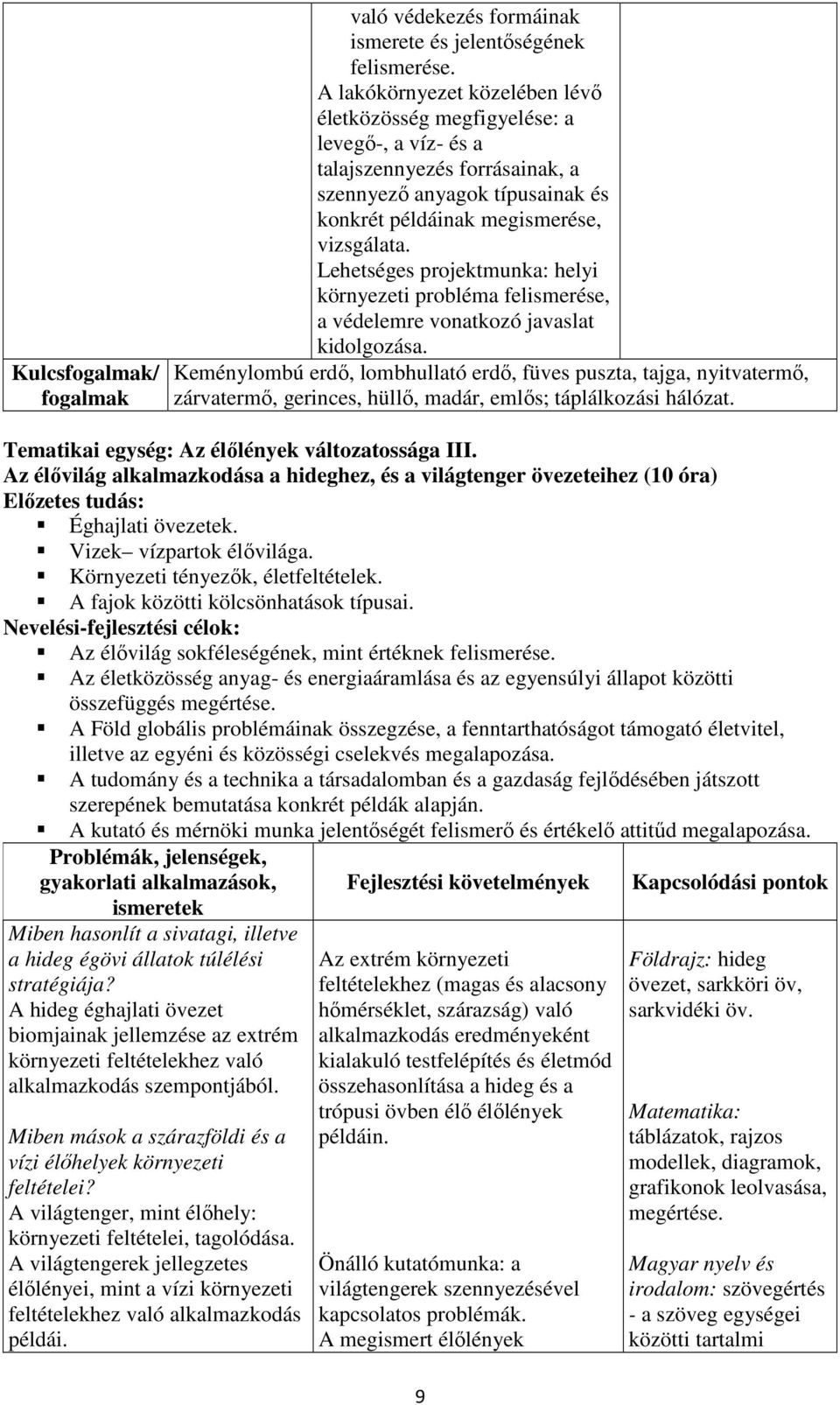 Lehetséges projektmunka: helyi környezeti probléma felismerése, a védelemre vonatkozó javaslat kidolgozása.