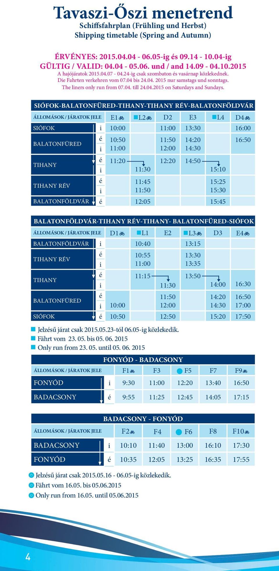 SIÓFOK-BALATONFÜRED-TIHANY-TIHANY RÉV-BALATONFÖLDVÁR ÁLLOMÁSOK / JÁRATOK JELE E1b L2b D2 E3 L4 D4b SIÓFOK i 10:00 11:00 13:30 16:00 BALATONFÜRED é 10:50 11:50 14:20 16:50 i 11:00 12:00 14:30 TIHANY é
