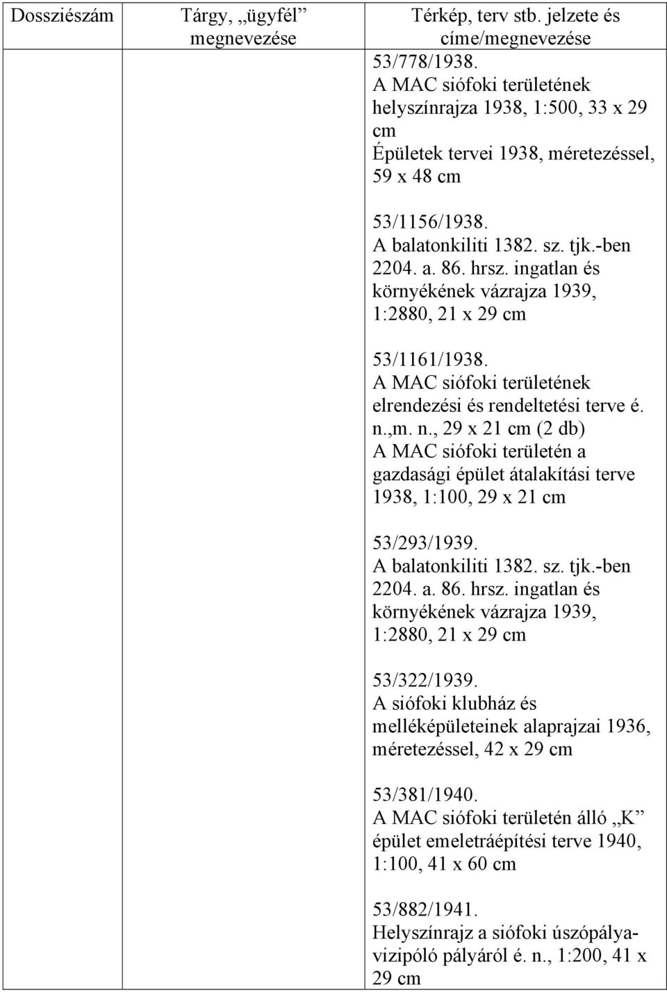 ,m. n., 29 x 21 (2 db) A MAC siófoki területén a gazdasági épület átalakítási terve 1938, 1:100, 29 x 21 53/293/1939. A balatonkiliti 1382. sz. tjk.-ben 2204. a. 86. hrsz.