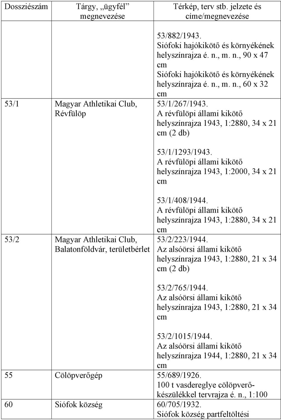 A révfülöpi állami kikötő helyszínrajza 1943, 1:2000, 34 x 21 53/2 Magyar Athletikai Club, Balatonföldvár, területbérlet 53/1/408/1944.