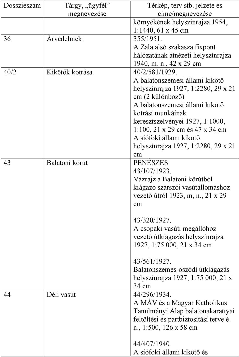 állami kikötő helyszínrajza 1927, 1:2280, 29 x 21 43 Balatoni körút PENÉSZES 43/107/1923. Vázrajz a Balatoni körútból kiágazó szárszói vasútállomáshoz vezető útról 1923, m, n., 21 x 29 43/320/1927.