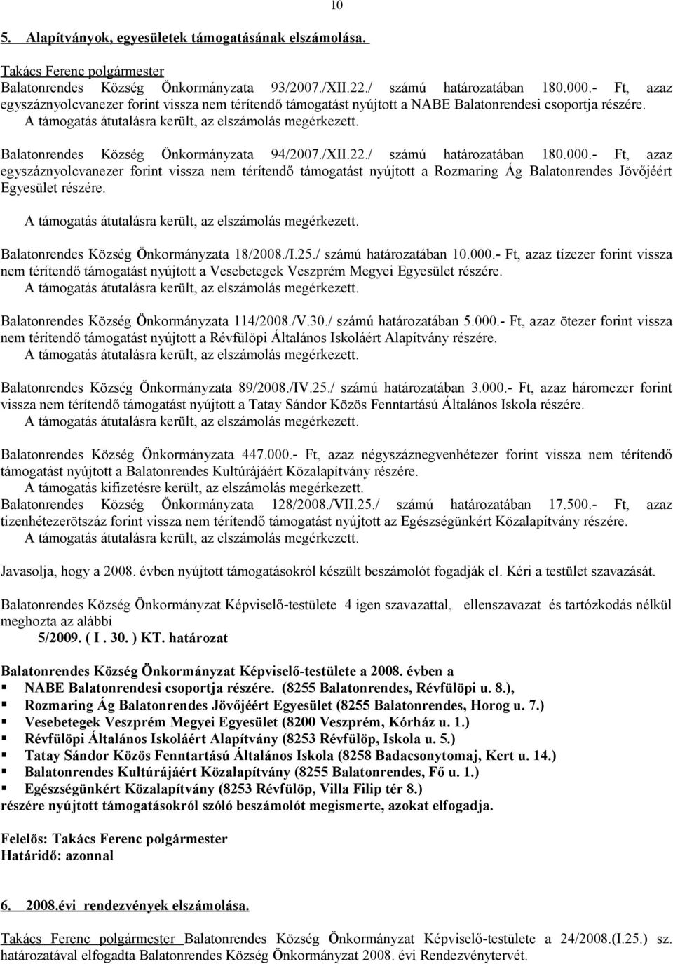 Balatonrendes Község Önkormányzata 94/2007./XII.22./ számú határozatában 180.000.