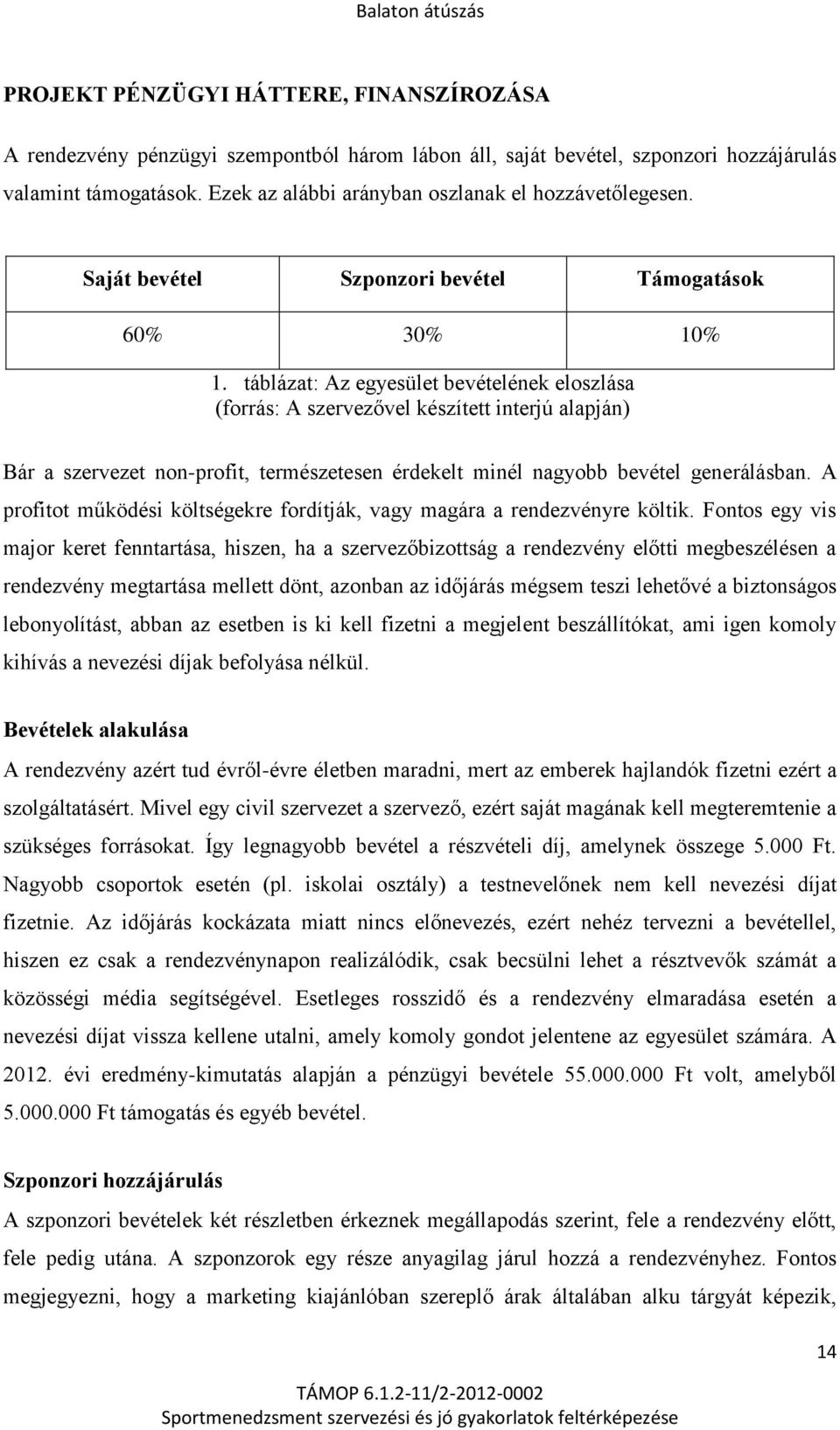 táblázat: Az egyesület bevételének eloszlása (forrás: A szervezővel készített interjú alapján) Bár a szervezet non-profit, természetesen érdekelt minél nagyobb bevétel generálásban.