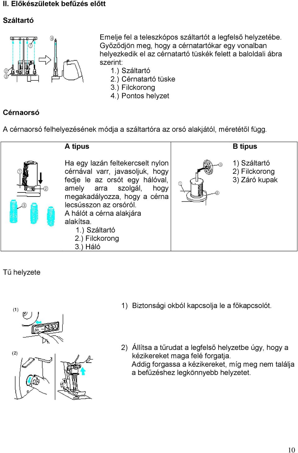 ) Pontos helyzet A cérnaorsó felhelyezésének módja a száltartóra az orsó alakjától, méretétől függ.