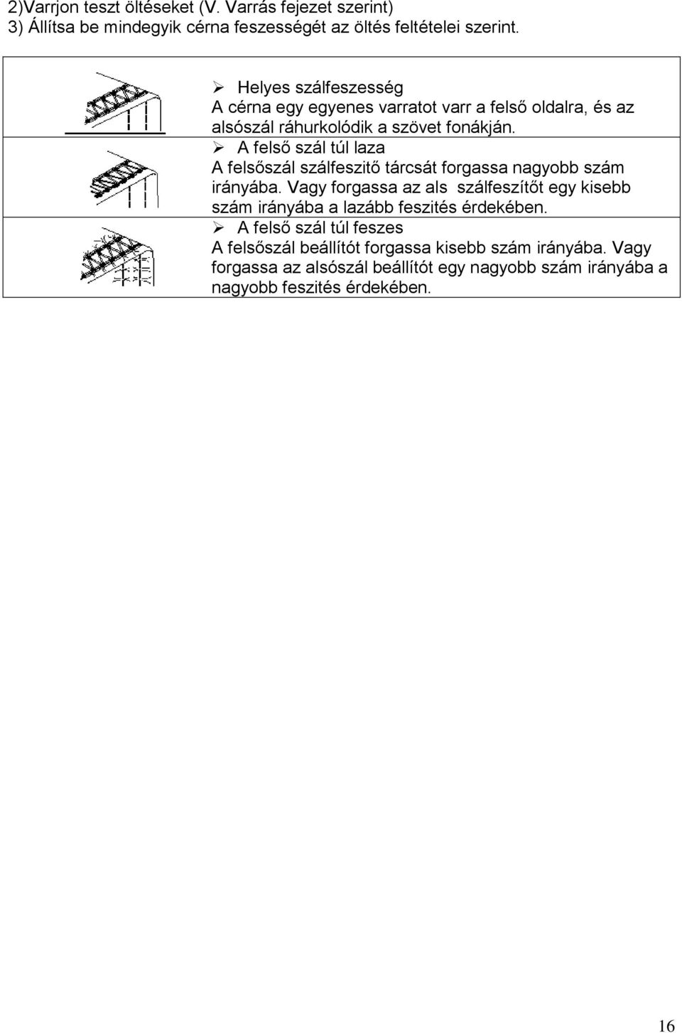 A felső szál túl laza A felsőszál szálfeszitő tárcsát forgassa nagyobb szám irányába.