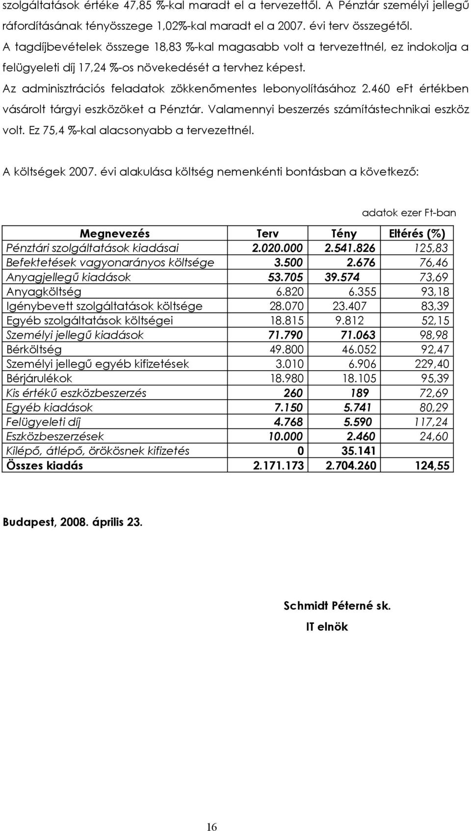 Az adminisztrációs feladatok zökkenőmentes lebonyolításához 2.460 eft értékben vásárolt tárgyi eszközöket a Pénztár. Valamennyi beszerzés számítástechnikai eszköz volt.