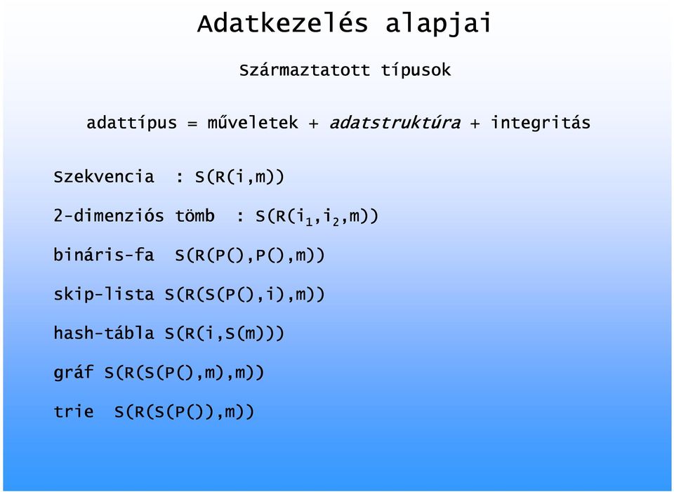 dimenziós tömb : S(R(i,i 1 2,m)) bináris ris-fa S(R(P(),P(),m))