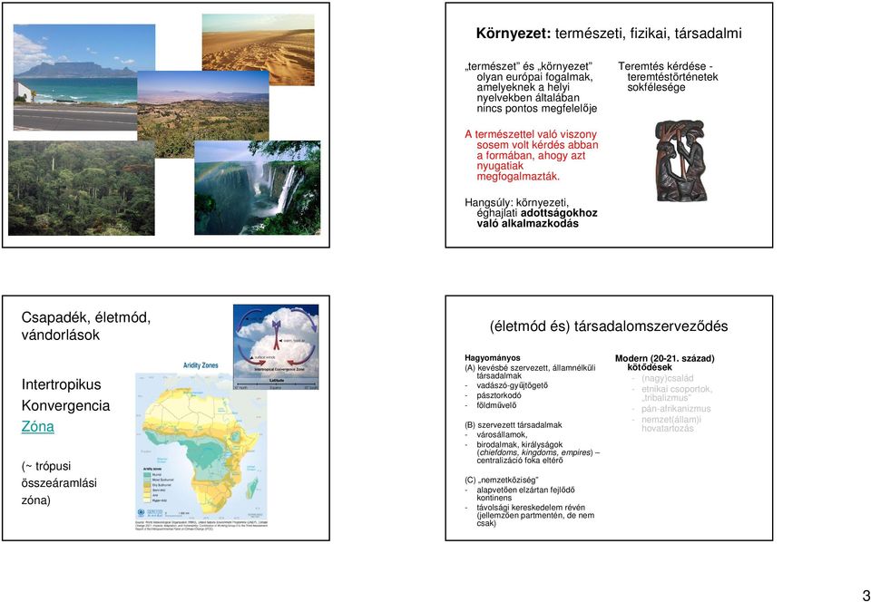 Hangsúly: környezeti, éghajlati adottságokhoz való alkalmazkodás Csapadék, életmód, vándorlások (életmód és) társadalomszerveződés Intertropikus Konvergencia Zóna (~ trópusi összeáramlási zóna)