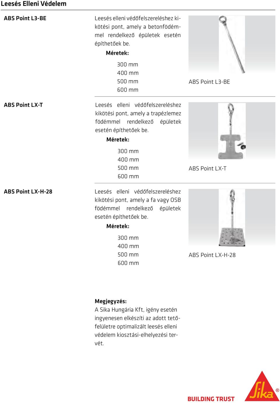 300 mm 400 mm 500 mm 600 mm ABS Point LX-T ABS Point LX-H-28 Leesés elleni védőfelszereléshez kikötési pont, amely a fa vagy OSB födémmel rendelkező épületek esetén építhetőek