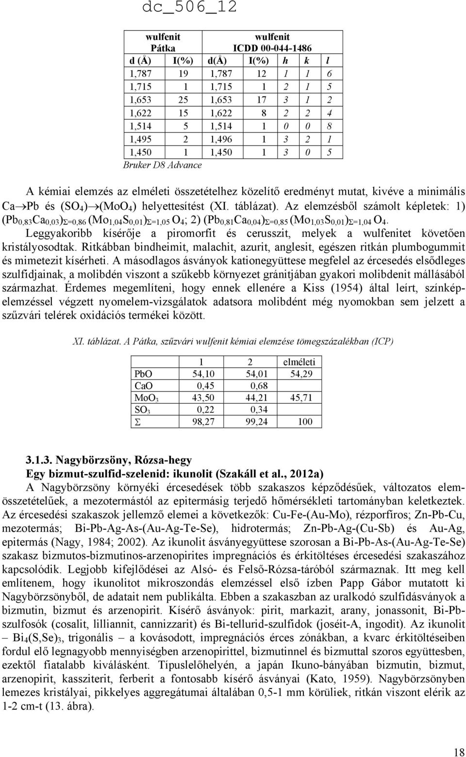 Az elemzésből számolt képletek: 1) (Pb 0,83 Ca 0,03 ) Σ=0,86 (Mo 1,04 S 0,01 ) Σ=1,05 O 4 ; 2) (Pb 0,81 Ca 0,04 ) Σ=0,85 (Mo 1,03 S 0,01 ) Σ=1,04 O 4.