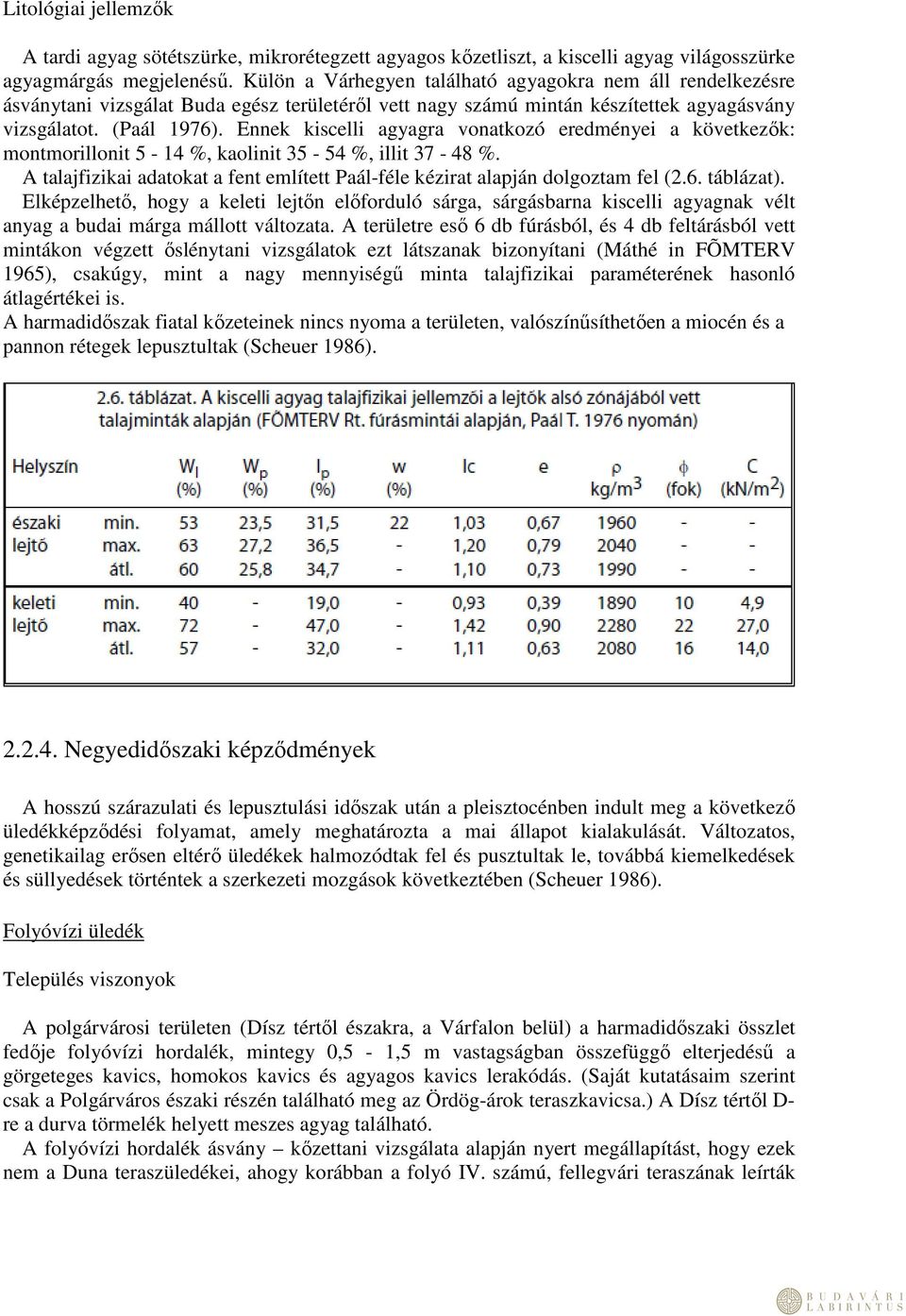 Ennek kiscelli agyagra vonatkozó eredményei a következők: montmorillonit 5-14 %, kaolinit 35-54 %, illit 37-48 %. A talajfizikai adatokat a fent említett Paál-féle kézirat alapján dolgoztam fel (2.6.