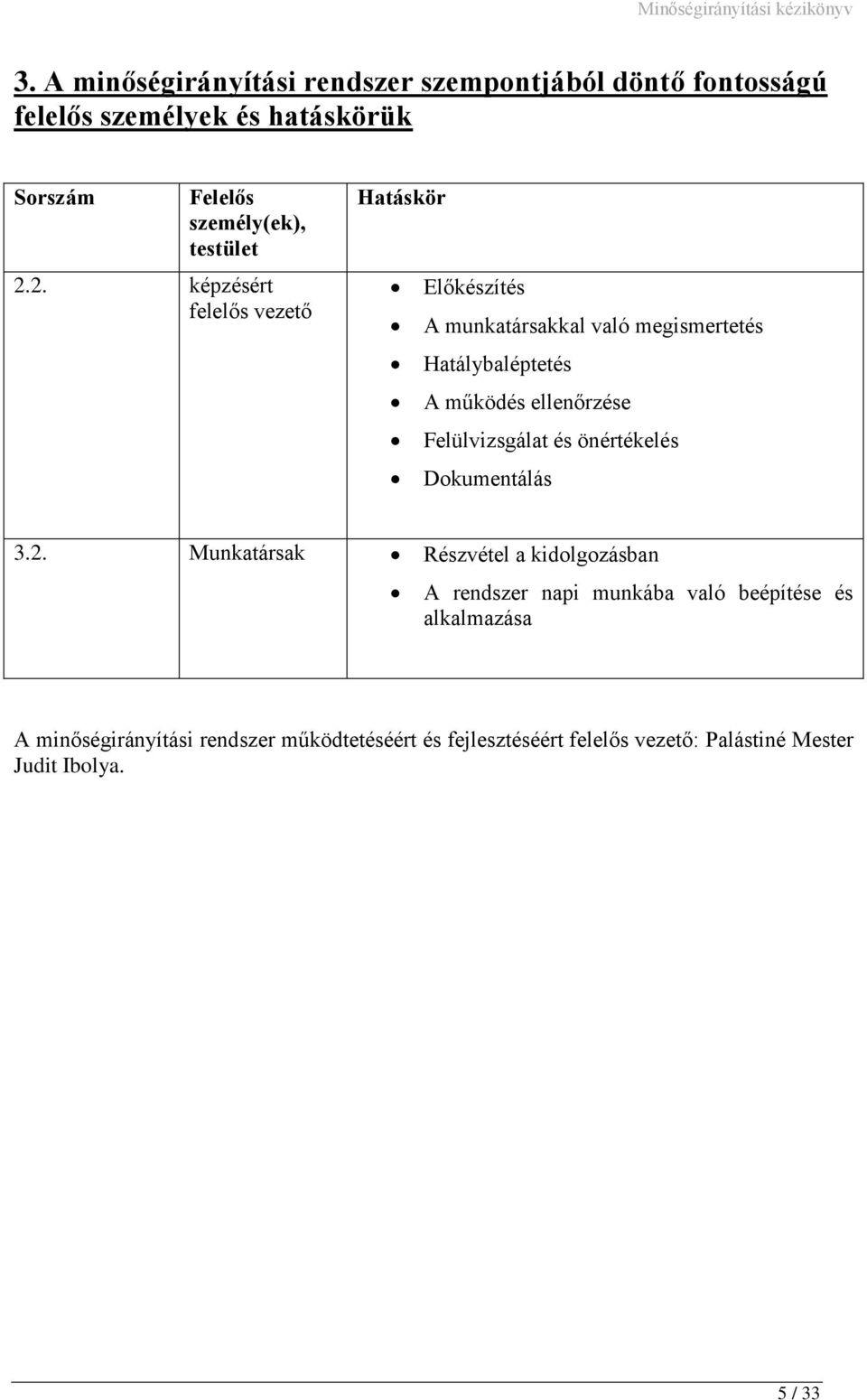 2. Hatáskör Előkészítés A munkatársakkal való megismertetés Hatálybaléptetés A működés ellenőrzése Felülvizsgálat és