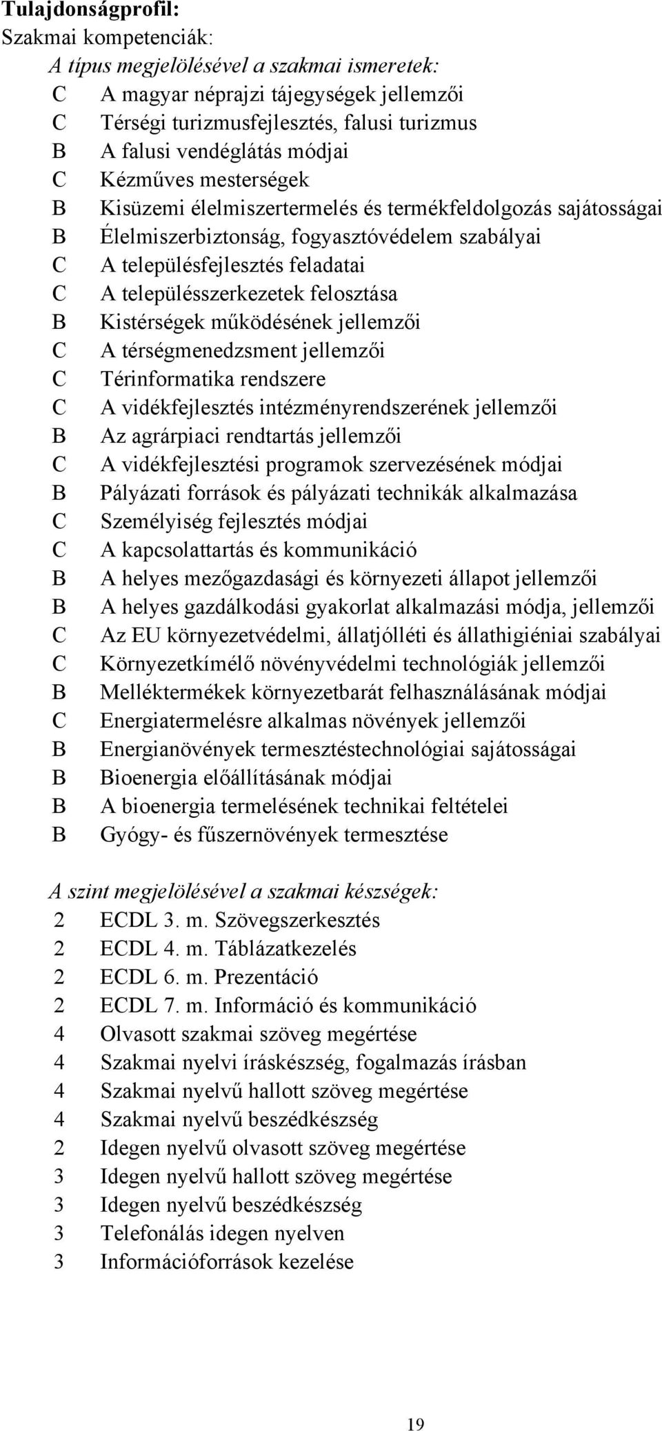 településszerkezetek felosztása B Kistérségek működésének jellemzői C A térségmenedzsment jellemzői C Térinformatika rendszere C A vidékfejlesztés intézményrendszerének jellemzői B Az agrárpiaci