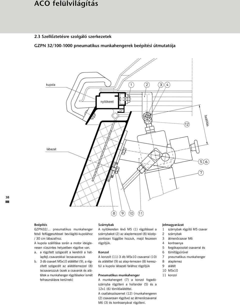 3 db csavart M5x10 alátéttel (9), a rögzített szögacélt az alátétlemezzel (8) lecsavarozzuk (ezek a csavarok és alátétek a munkahenger rögzítésekor ismét felhasználásra kerülnek) Szárnybak A