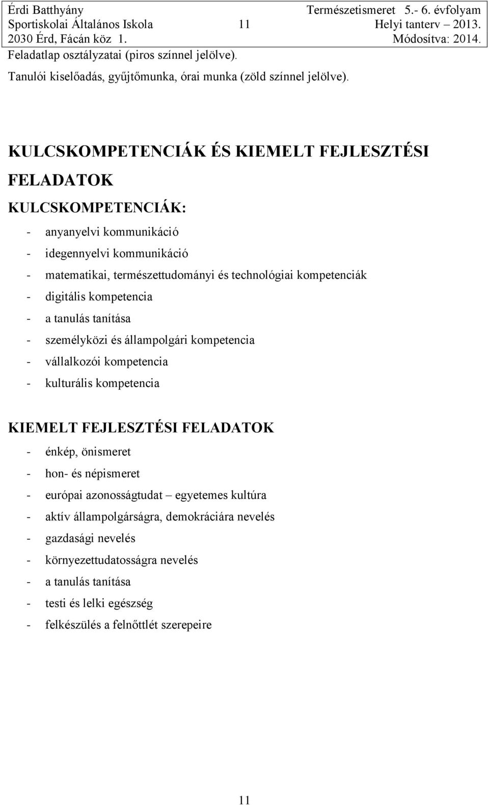 kompetencia - a tanulás tanítása - személyközi és állampolgári kompetencia - vállalkozói kompetencia - kulturális kompetencia KIEMELT FEJLESZTÉSI FELADATOK - énkép, önismeret - hon- és népismeret -