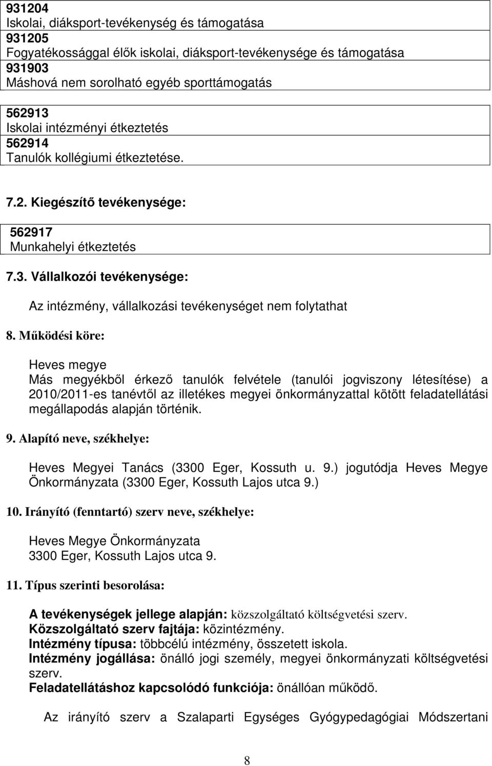 Vállalkozói tevékenysége: Az intézmény, vállalkozási tevékenységet nem folytathat 8.