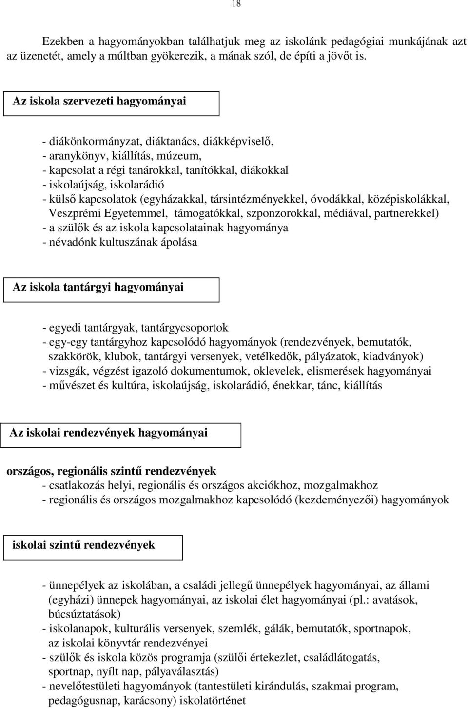 külső kapcsolatok (egyházakkal, társintézményekkel, óvodákkal, középiskolákkal, Veszprémi Egyetemmel, támogatókkal, szponzorokkal, médiával, partnerekkel) - a szülők és az iskola kapcsolatainak