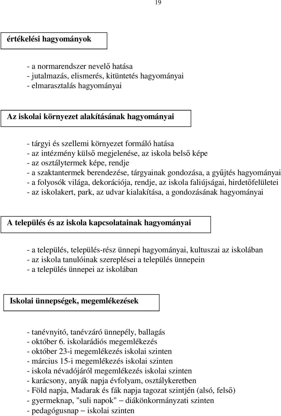 folyosók világa, dekorációja, rendje, az iskola faliújságai, hirdetőfelületei - az iskolakert, park, az udvar kialakítása, a gondozásának hagyományai A település és az iskola kapcsolatainak