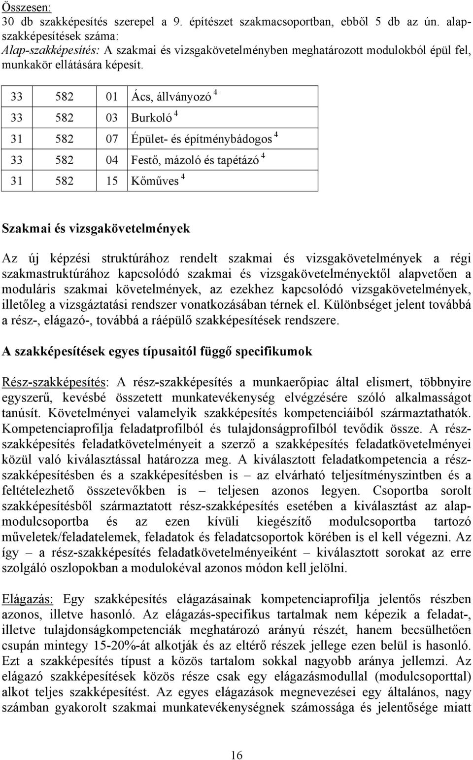 33 582 01 Ács, állványozó 4 33 582 03 Burkoló 4 31 582 07 Épület- és építménybádogos 4 33 582 04 Festő, mázoló és tapétázó 4 31 582 15 Kőműves 4 Szakmai és vizsgakövetelmények Az új képzési