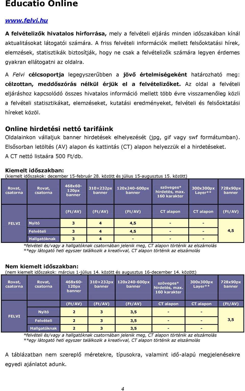 A Felvi célcsoportja legegyszerűbben a jövő értelmiségeként határozható meg: célzottan, meddőszórás nélkül érjük el a felvételizőket.